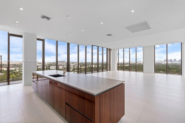 kitchen featuring a large island with sink, sink, plenty of natural light, and a wall of windows