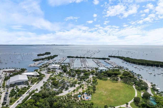 bird's eye view with a water view