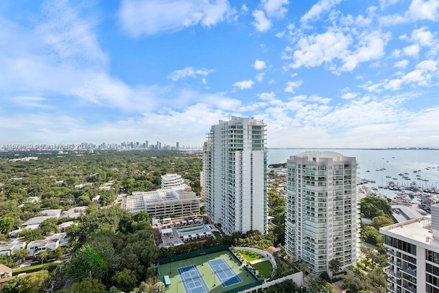 birds eye view of property featuring a water view