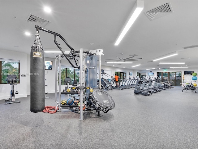 gym featuring ceiling fan and plenty of natural light