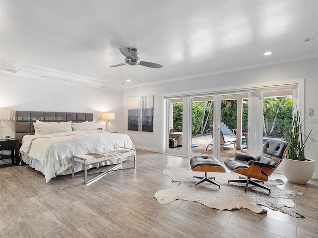 bedroom featuring baseboards, recessed lighting, ornamental molding, french doors, and access to outside