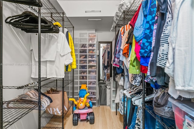 walk in closet with wood-type flooring