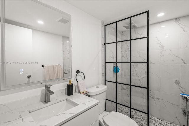 bathroom with vanity, toilet, and an enclosed shower