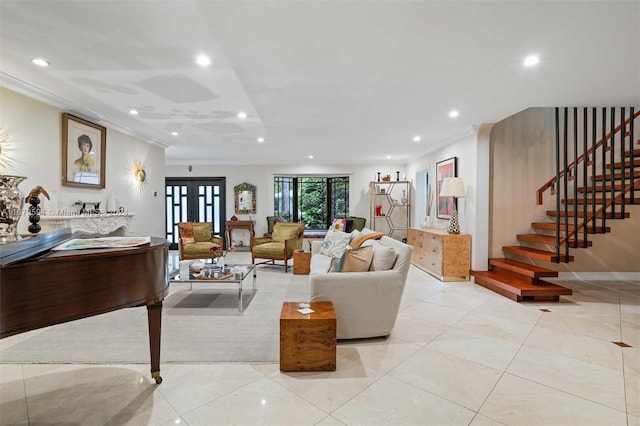 tiled living room featuring french doors and ornamental molding