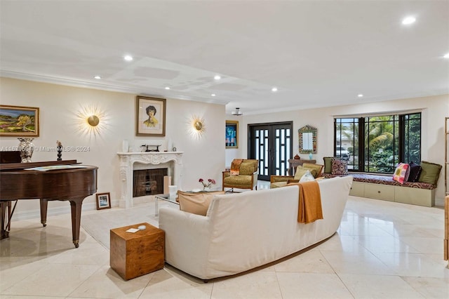 tiled living room with crown molding