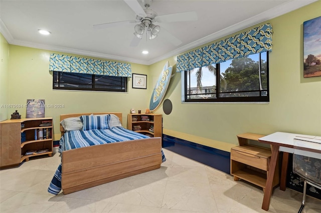 bedroom featuring crown molding and ceiling fan