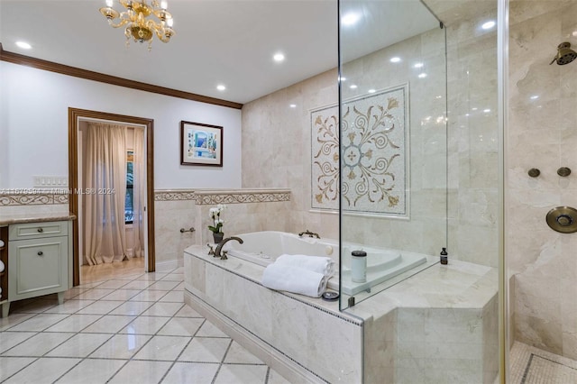 bathroom featuring vanity, tile walls, plus walk in shower, and tile patterned flooring