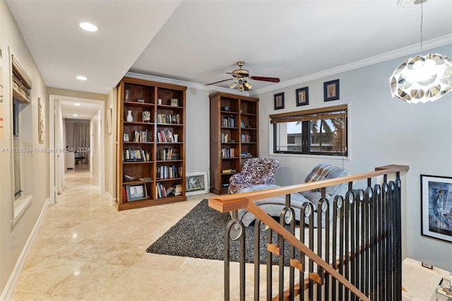 office featuring ornamental molding and ceiling fan with notable chandelier