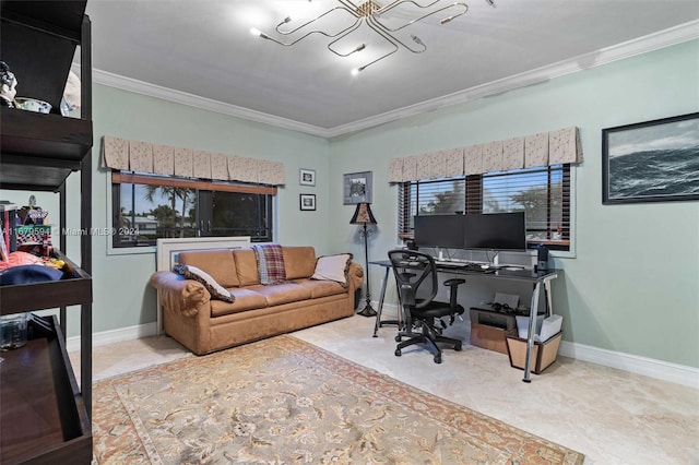 home office featuring crown molding