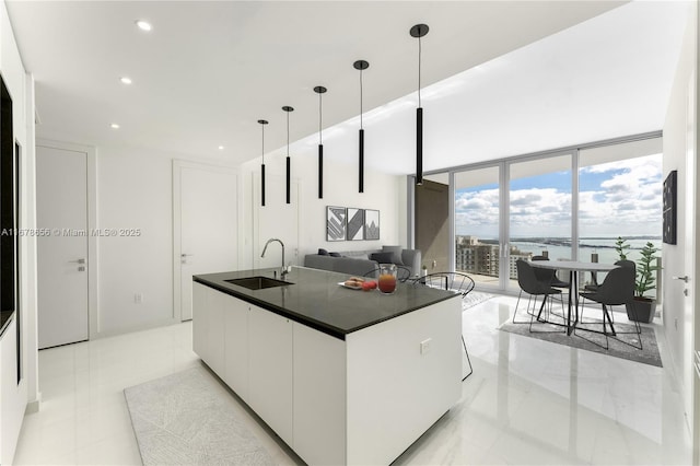 kitchen with sink, a kitchen island with sink, white cabinetry, and expansive windows