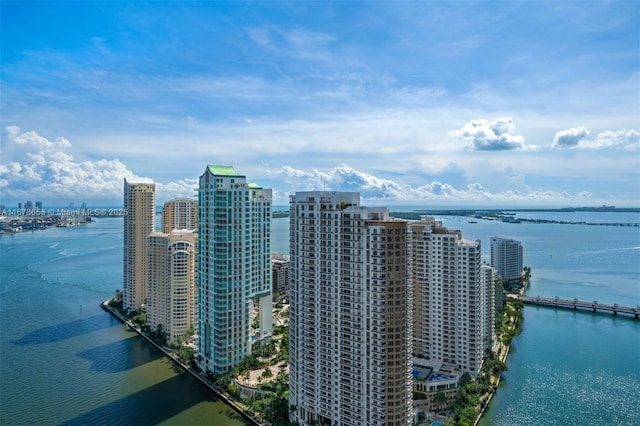 drone / aerial view featuring a water view