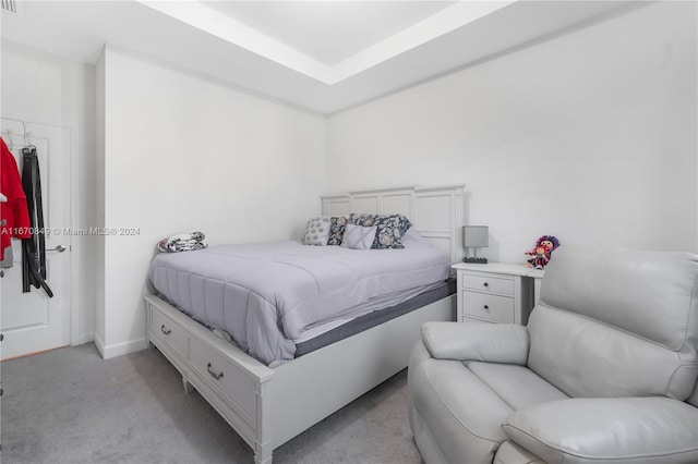 bedroom with light colored carpet