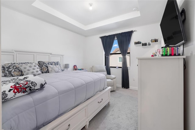 carpeted bedroom featuring a tray ceiling