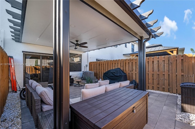 view of patio / terrace with a gazebo, a grill, and ceiling fan