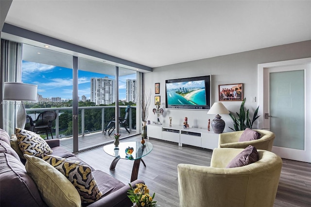 living area featuring floor to ceiling windows and wood finished floors