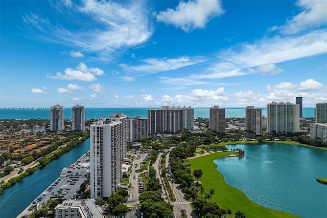 bird's eye view with a water view and a view of city