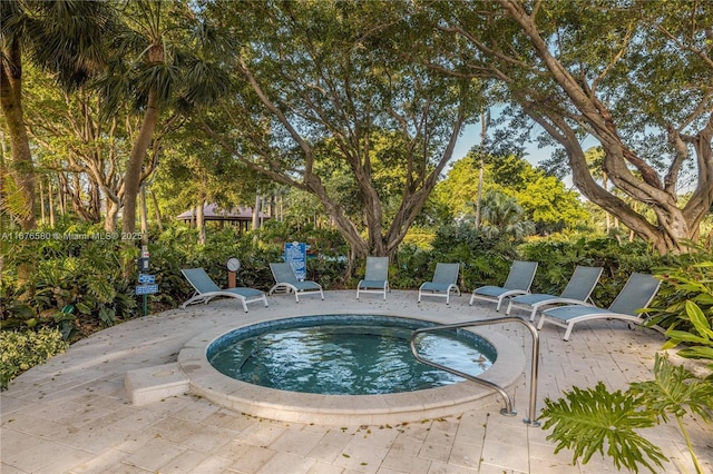 view of swimming pool with a hot tub