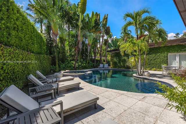 view of swimming pool featuring an in ground hot tub and a patio area