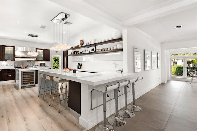 bar featuring wine cooler, dark brown cabinets, and a wealth of natural light