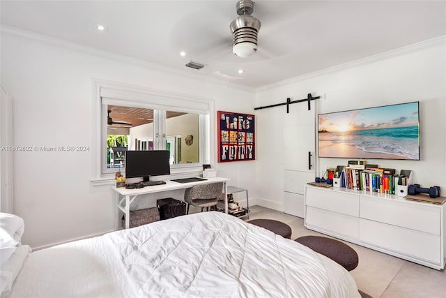 tiled bedroom featuring crown molding, a barn door, and ceiling fan