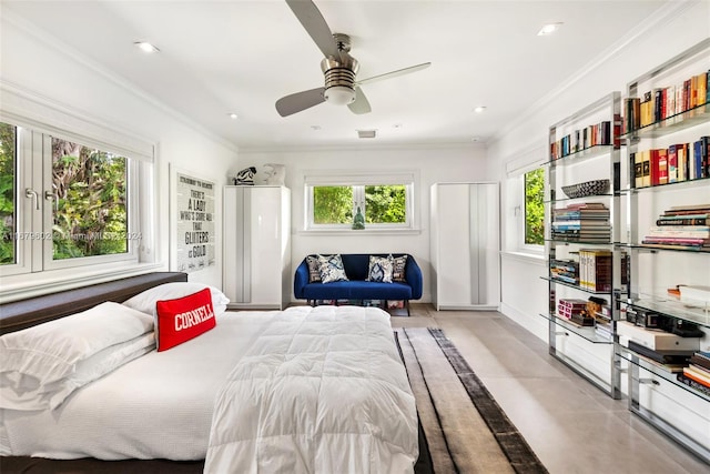 bedroom featuring crown molding and ceiling fan