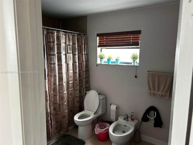 bathroom featuring walk in shower, a bidet, toilet, and tile patterned flooring