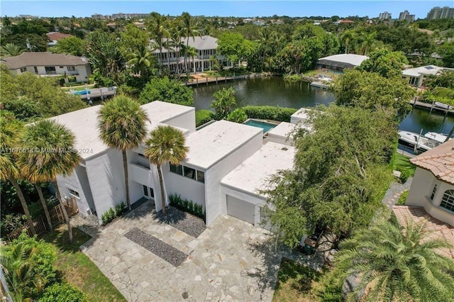 drone / aerial view with a water view