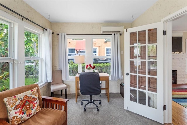 carpeted office featuring vaulted ceiling and a wall unit AC