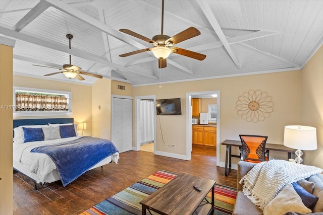 bedroom with dark wood-type flooring, wood ceiling, visible vents, baseboards, and crown molding