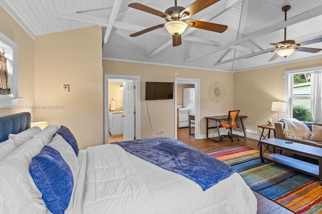 bedroom featuring wood ceiling, ceiling fan, hardwood / wood-style flooring, crown molding, and ensuite bath