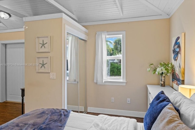 bedroom featuring vaulted ceiling, wood ceiling, and dark hardwood / wood-style flooring