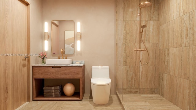 bathroom featuring vanity, toilet, and tiled shower