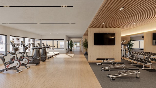 workout area featuring light hardwood / wood-style flooring