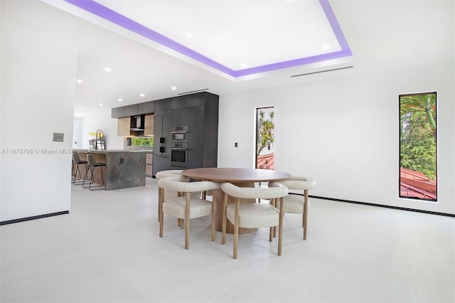 dining area with a tray ceiling