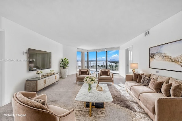 living room with a wall of windows and light carpet