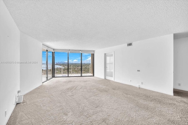 carpeted empty room featuring a textured ceiling and floor to ceiling windows