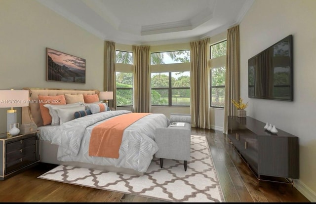 bedroom with dark wood-type flooring, a tray ceiling, and ornamental molding