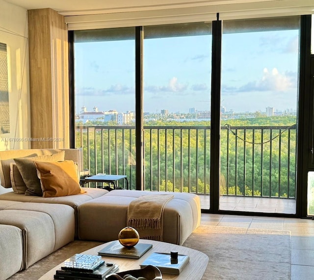 living room featuring a healthy amount of sunlight and floor to ceiling windows