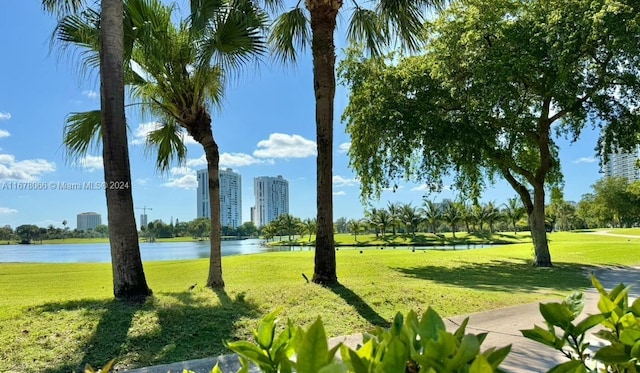 view of community featuring a lawn and a water view