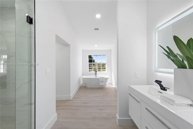 bathroom featuring vanity, hardwood / wood-style flooring, and independent shower and bath