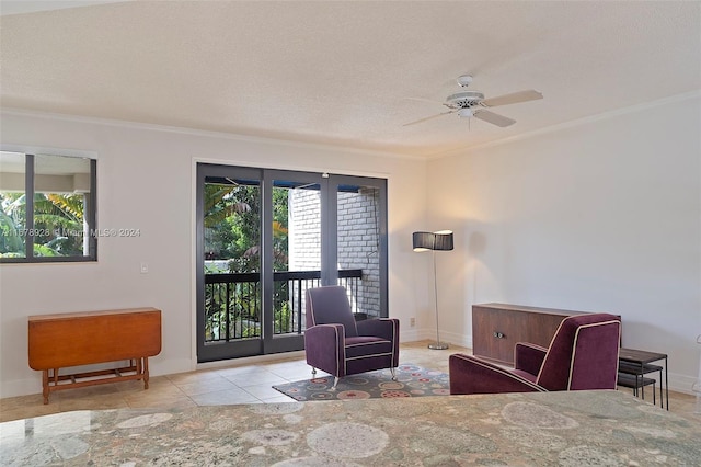 tiled bedroom featuring ornamental molding, access to exterior, multiple windows, and ceiling fan