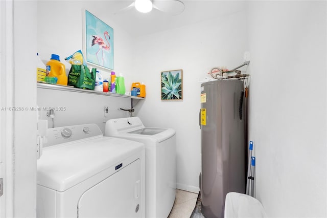 washroom with ceiling fan, independent washer and dryer, and water heater