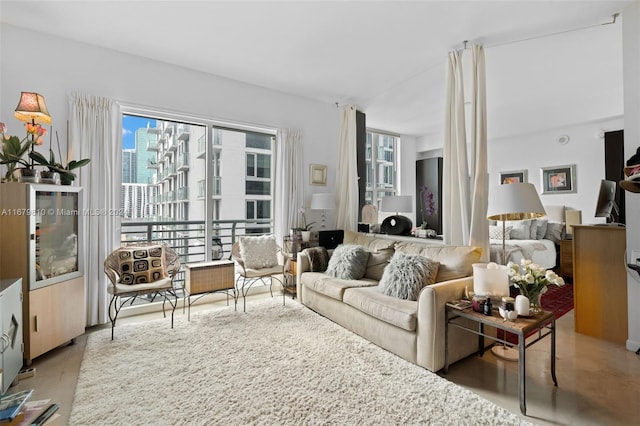 living room with concrete floors