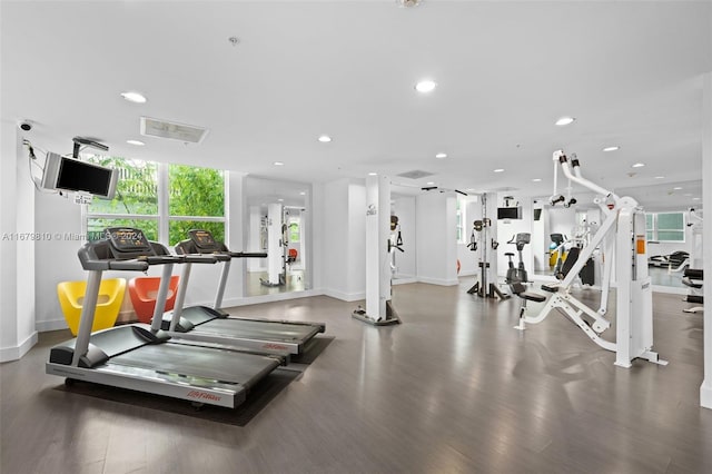 workout area with dark wood-type flooring and plenty of natural light