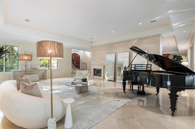 miscellaneous room featuring ornamental molding, a raised ceiling, a large fireplace, and plenty of natural light