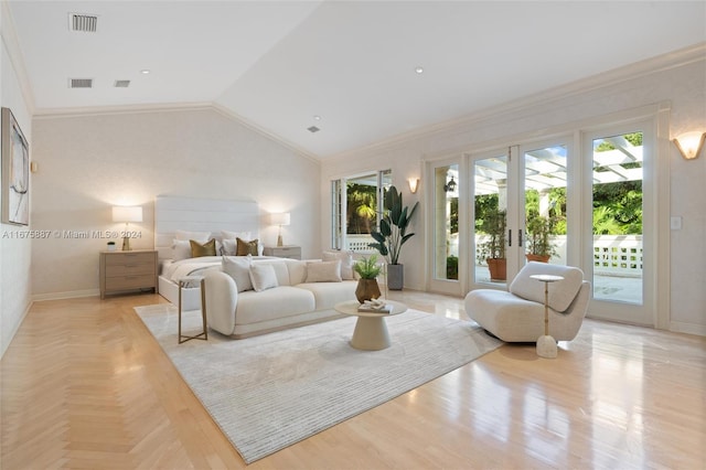 bedroom with access to exterior, lofted ceiling, and ornamental molding