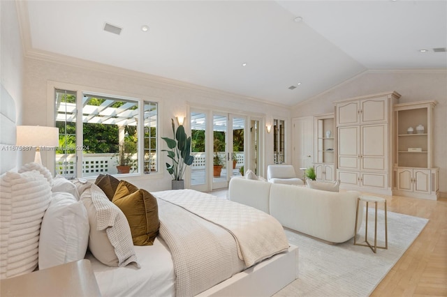 bedroom with french doors, access to outside, light hardwood / wood-style floors, vaulted ceiling, and crown molding