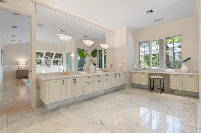 bathroom featuring vanity and ornamental molding