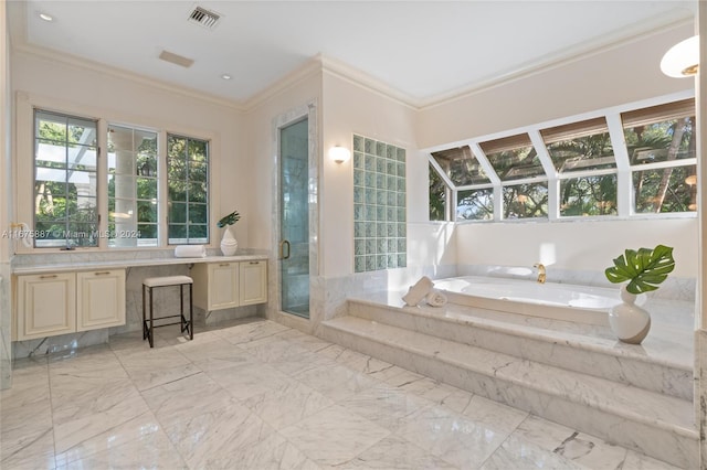 bathroom featuring vanity, plus walk in shower, and ornamental molding