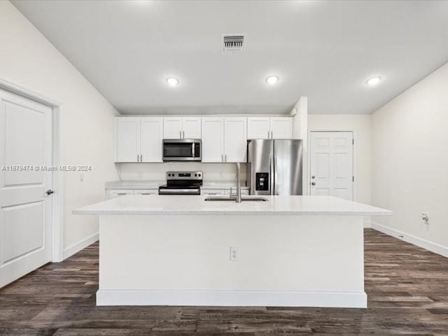 kitchen with white cabinets, a center island with sink, dark hardwood / wood-style flooring, appliances with stainless steel finishes, and sink